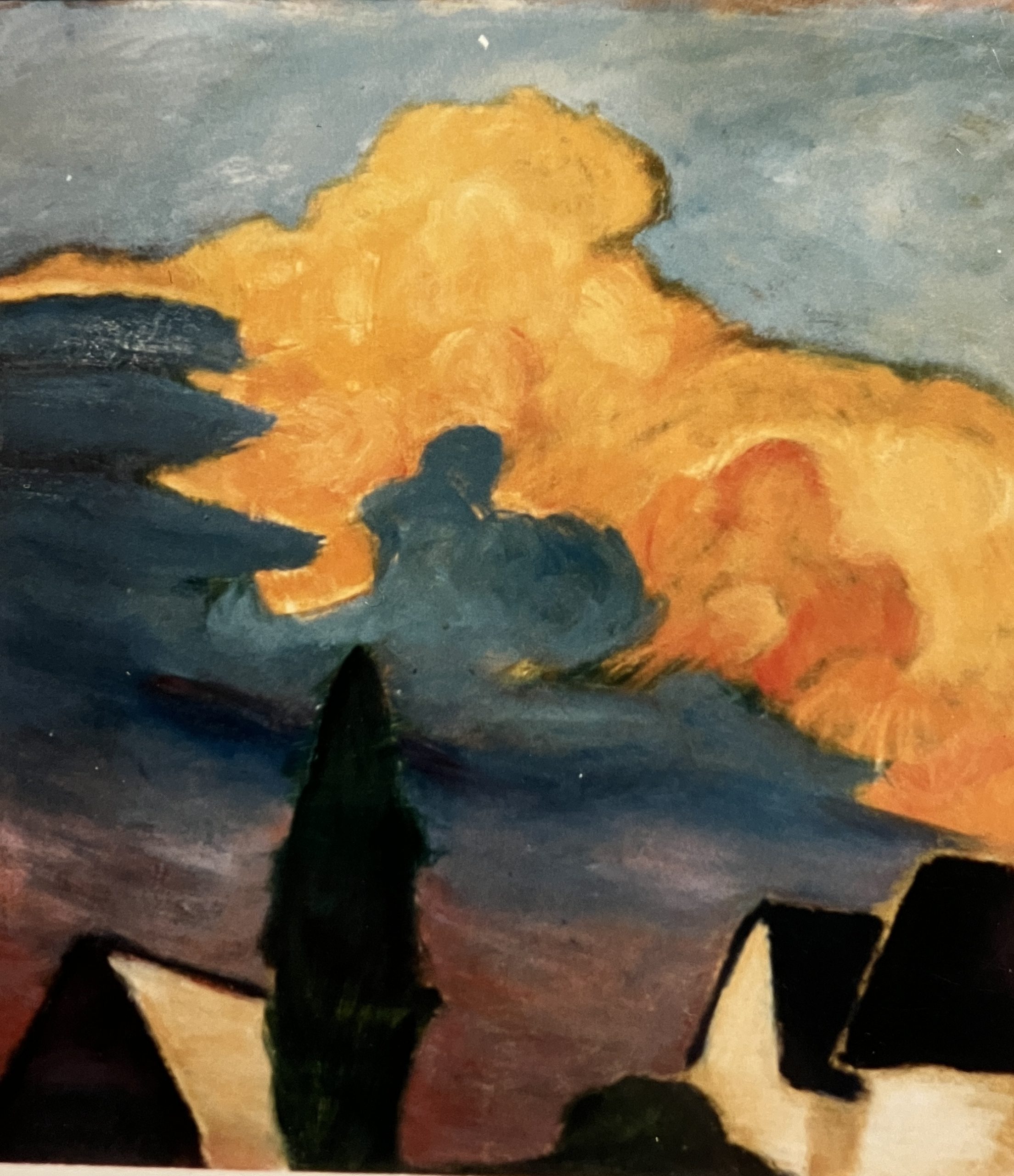 Goldene Wolken I, 1989, Öl auf Hartfaserplatte, 68 x 63 cm.