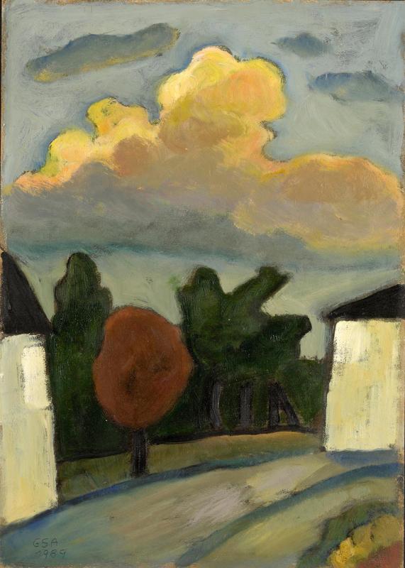 Goldene Wolken II, 1989, Öl auf Hartfaserplatte, 70 x 50 cm.