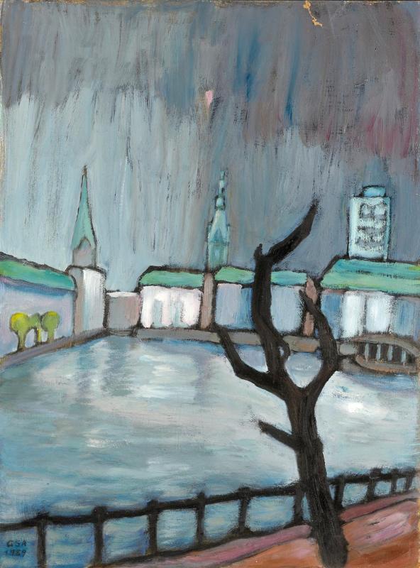 Hamburg - Binnenalster, 1989, Öl auf Hartfaserplatte, 78,5 x 58,5 cm.