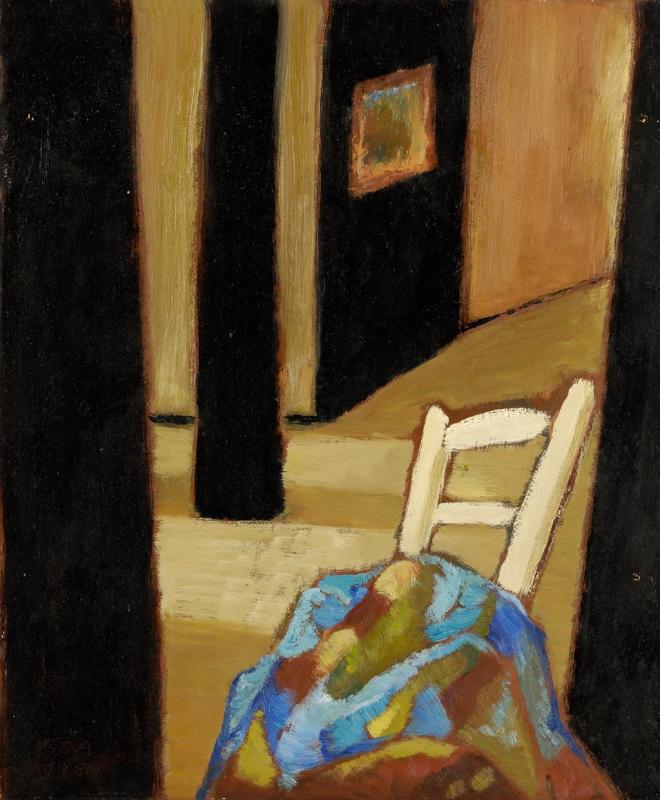 Hinter den Kulissen, 1989 / 91, Öl auf Hartfaserplatte, 70,4 x 60,7 cm.