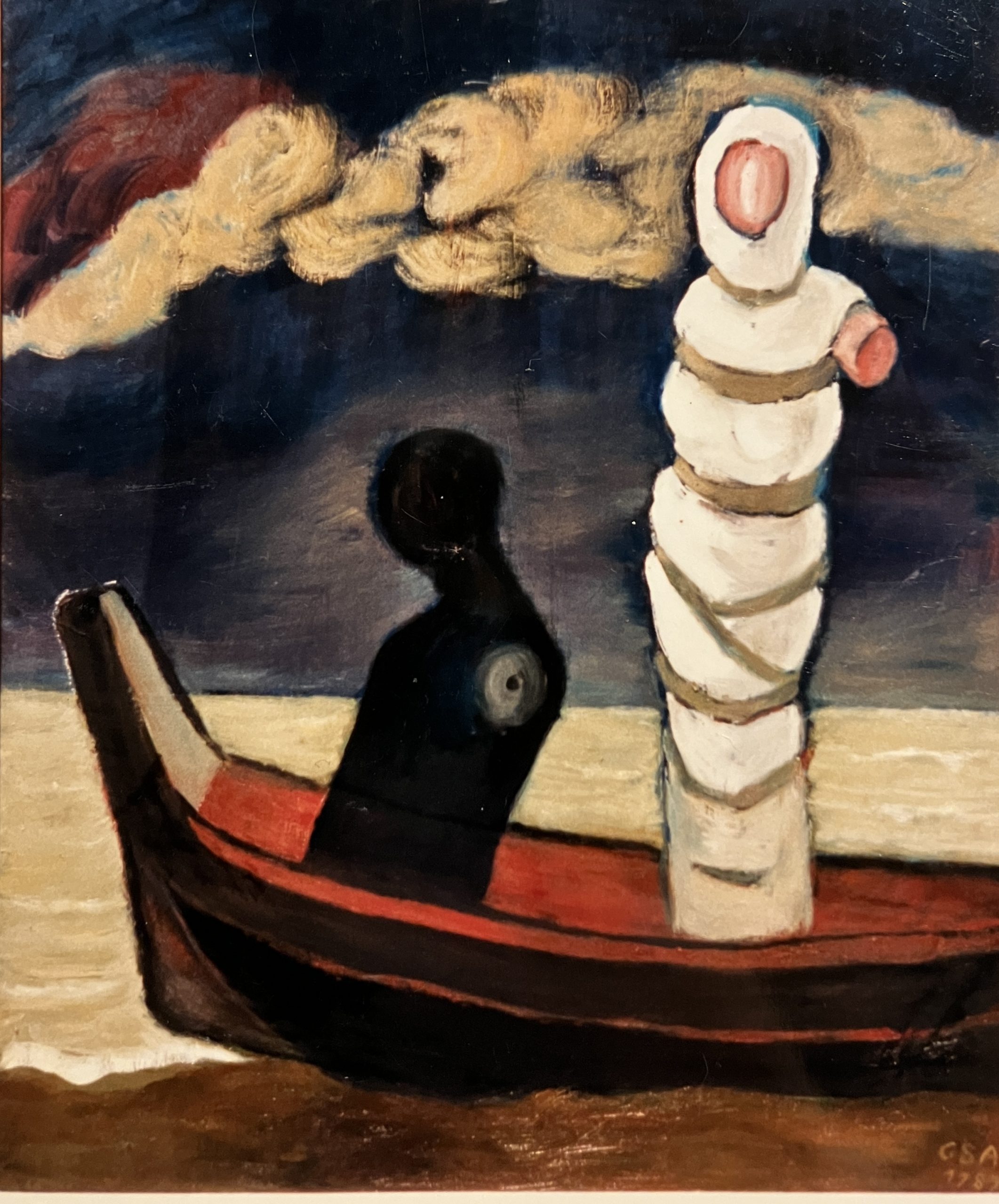 Im Boot, 1989, Öl auf Hartfaserplatte, 89 x 74 cm.