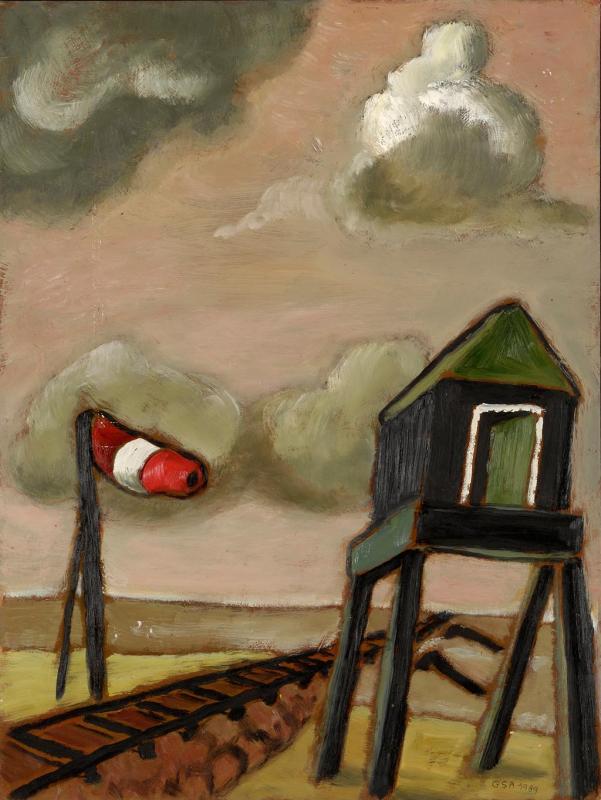 Mit Windsack, 1989, Öl auf Hartfaserplatte, 80 x 60 cm.