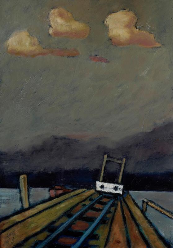 Prellbock, 1989, Öl auf Hartfaserplatte, 77 x 54 cm.