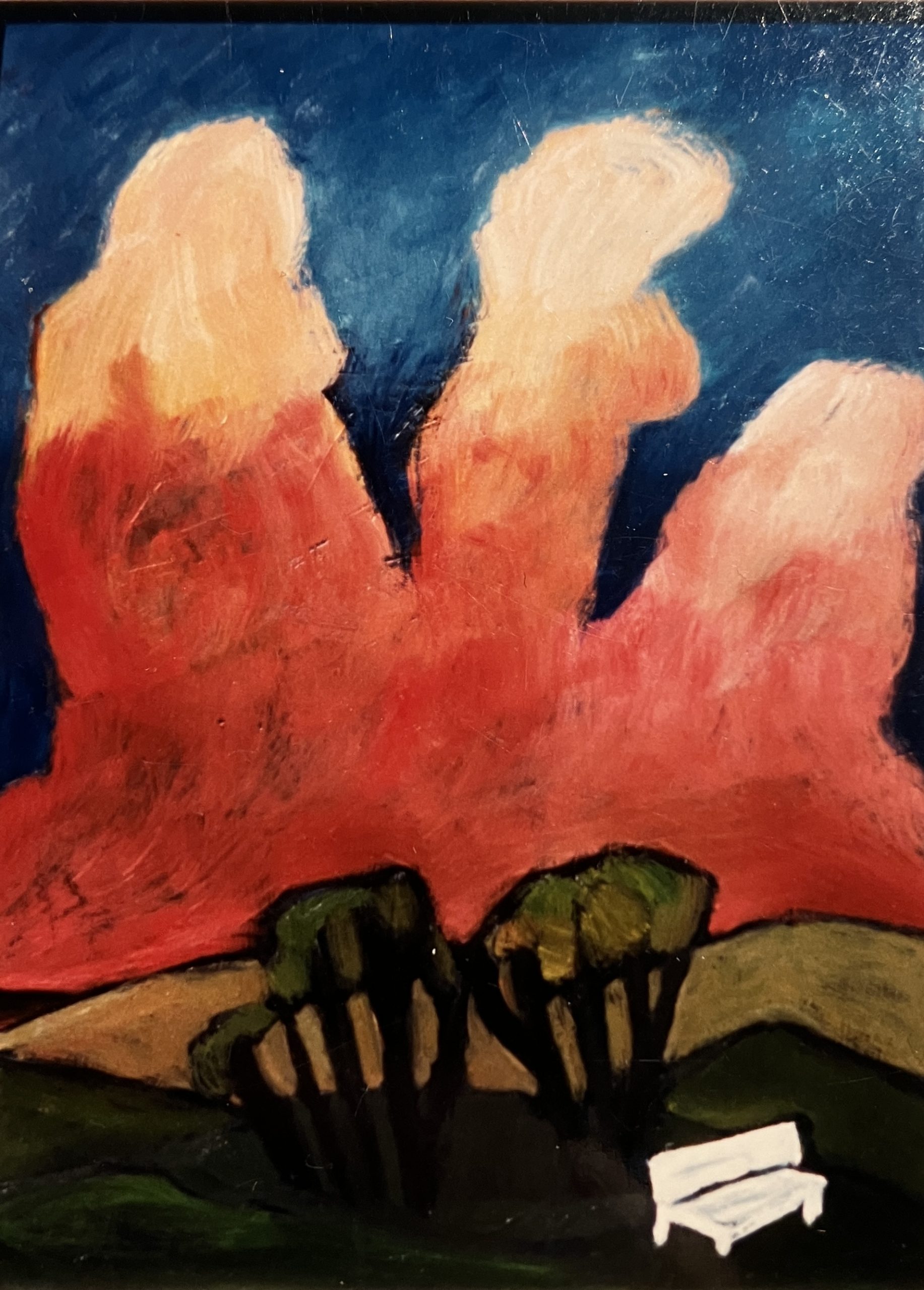 Rote Wolken über Dünen (1. Fassung), 1989, Öl auf Hartfaserplatte, 66 x 78,2 cm.