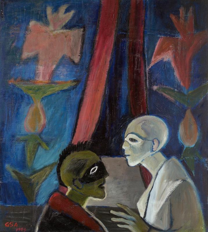 Schauspieler, 1989, Öl auf Hartfaserplatte, 90 x 80 cm.