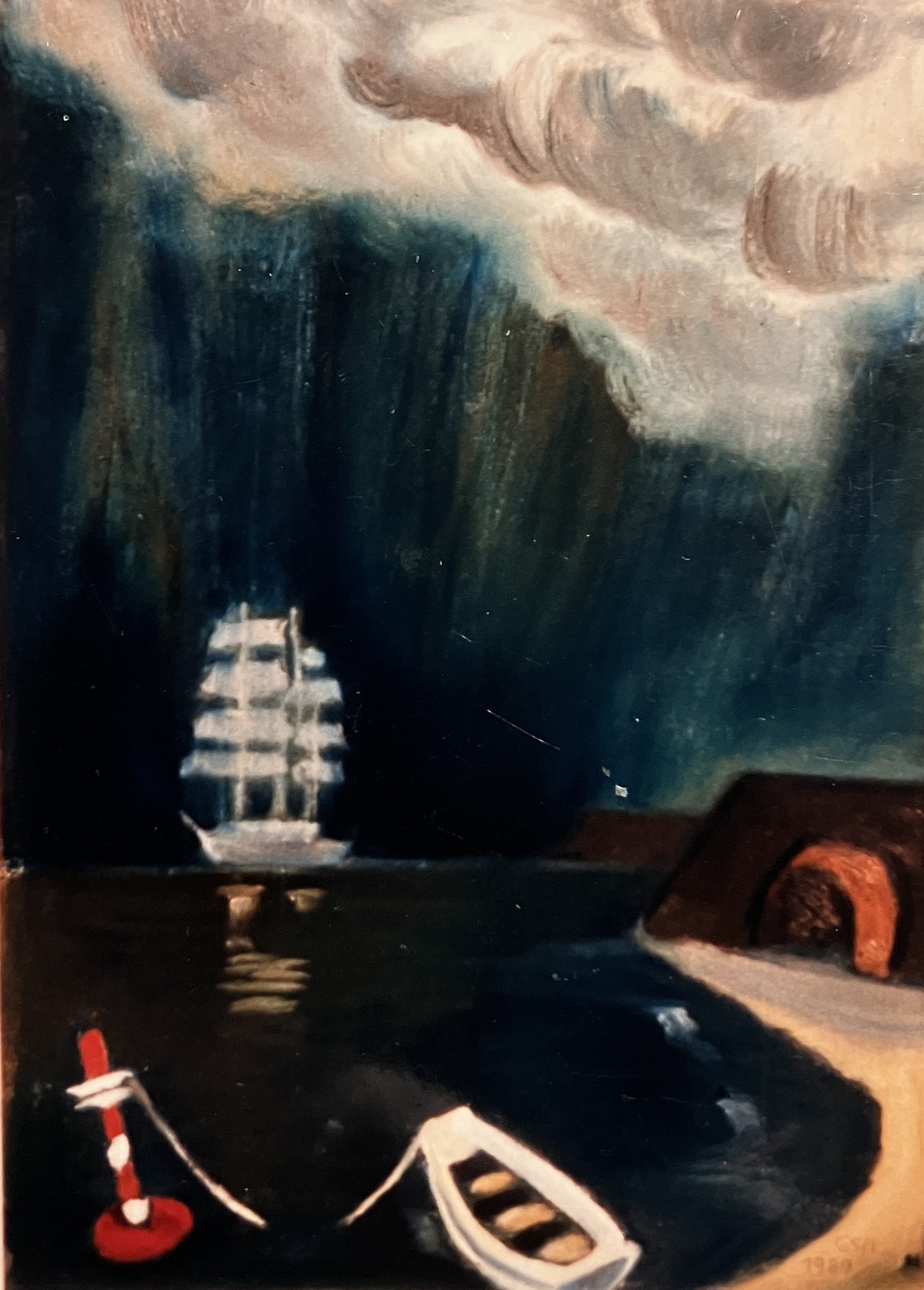 Segelschiff, 1989, Öl auf Hartfaserplatte.