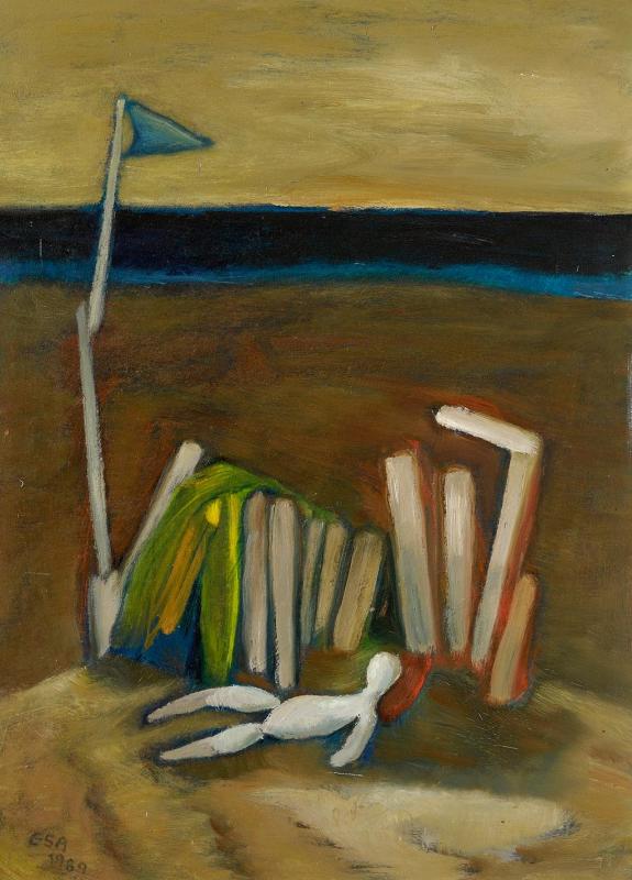 Sonnenbad, 1989, Öl auf Hartfaserplatte, 77 x 54,5 cm.