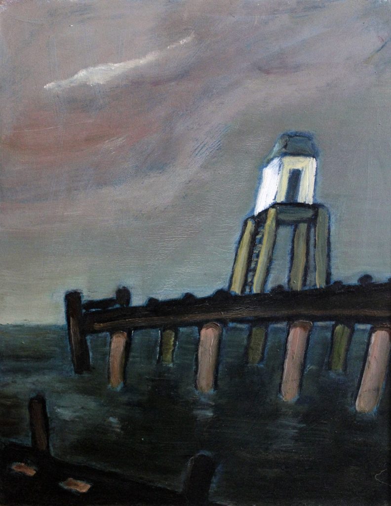 Strandwächter (1. Fassung), 1989 / 91, Öl auf Hartfaserplatte, 72,8 x 53,3 cm.