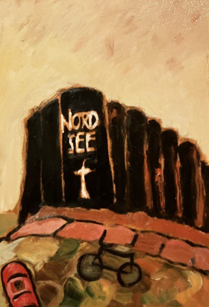 Titel unleserlich, 1989, Öl auf Hartfaserplatte.