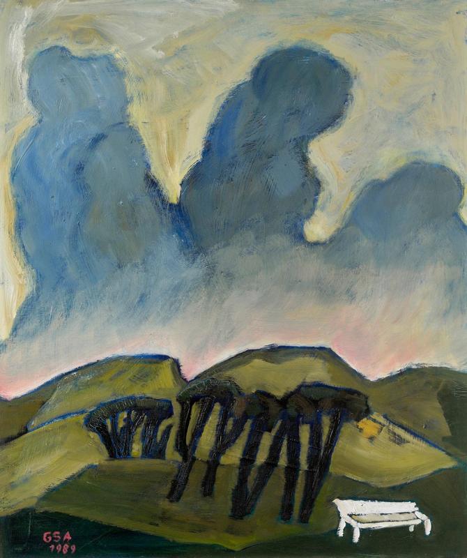 Wolken über Dünen (2. Fassung), 1989, Öl auf Hartfaserplatte, 66 x 78,2 cm.