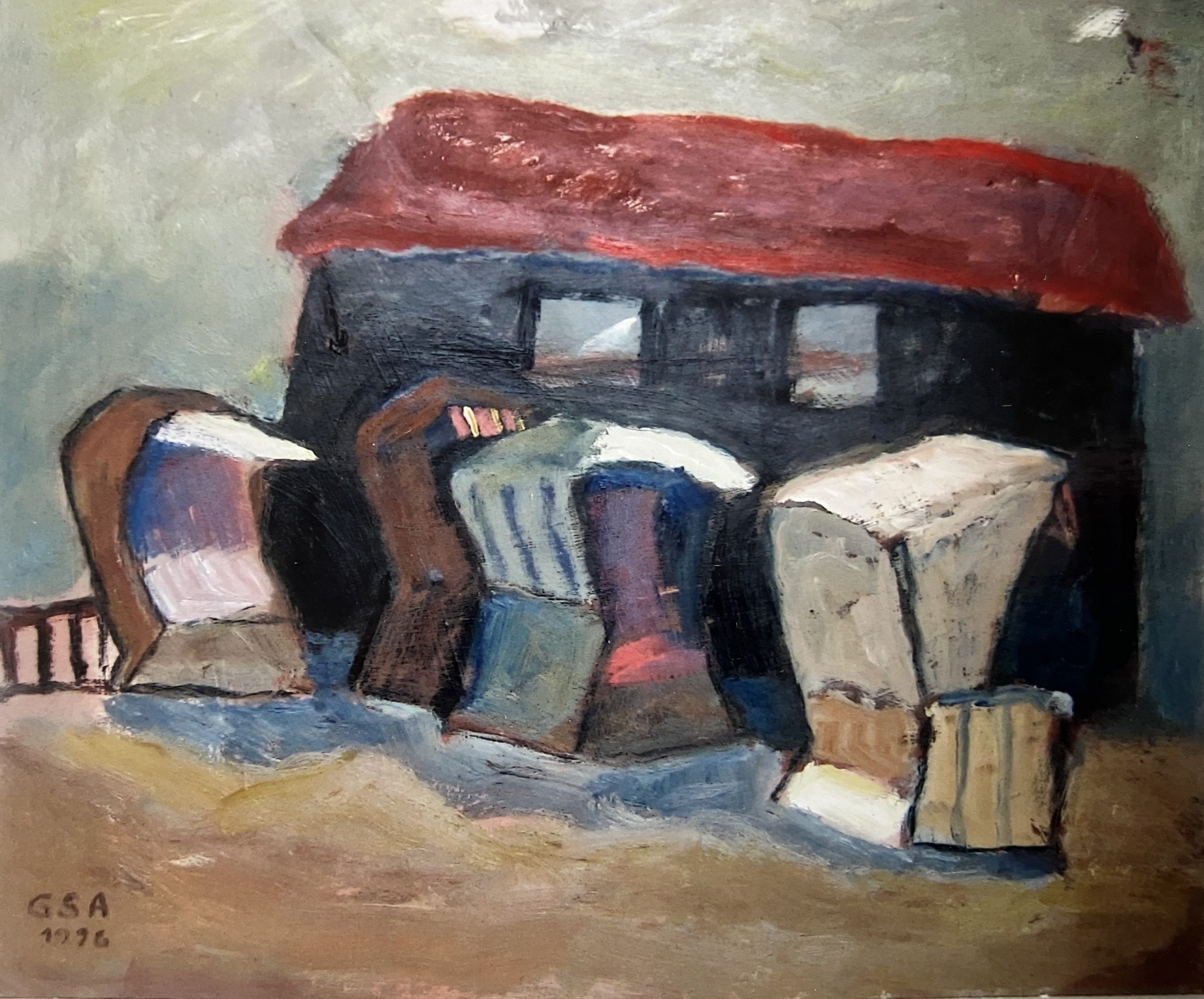 Alte Strandkörbe, 1990, Öl auf Hartfaserplatte, 60 x 70 cm.