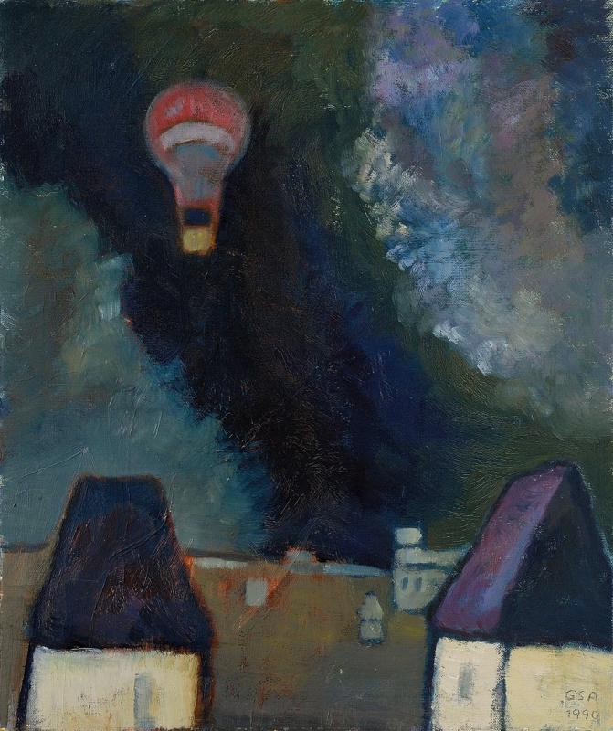 Ballon über der Stadt (2. F.), 1990, Öl auf Hartfaserplatte, 60 x 50 cm.