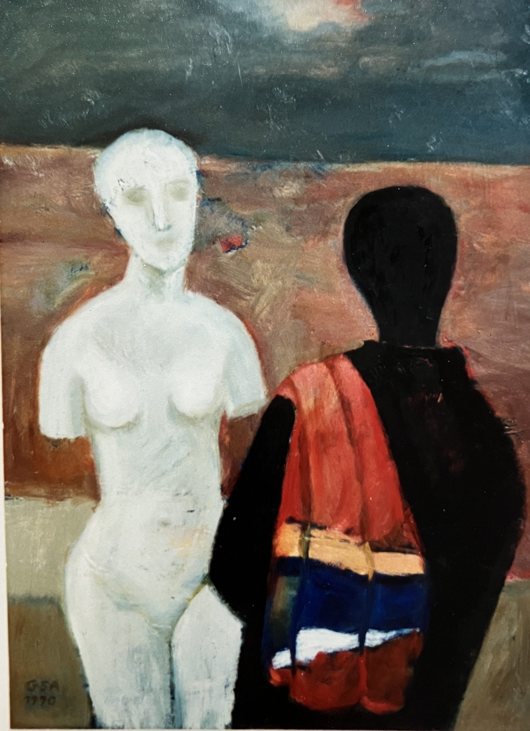 Begegnung (1. F.), 1990, Öl auf Hartfaserplatte, 80 x 60 cm.