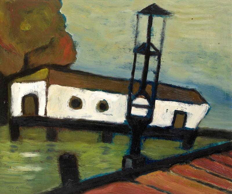 Bootshaus am See, 1990, Öl auf Hartfaserplatte, 60 x 70 cm.