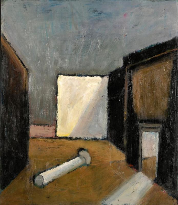 Gestürzte Säule, 1990, Öl auf Hartfaserplatte, 70 x 60 cm.