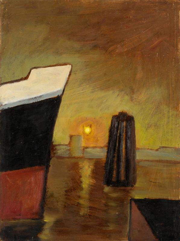 Hafen am Abend, 1990, Öl auf Hartfaserplatte, 82,3 x 61,5 cm.