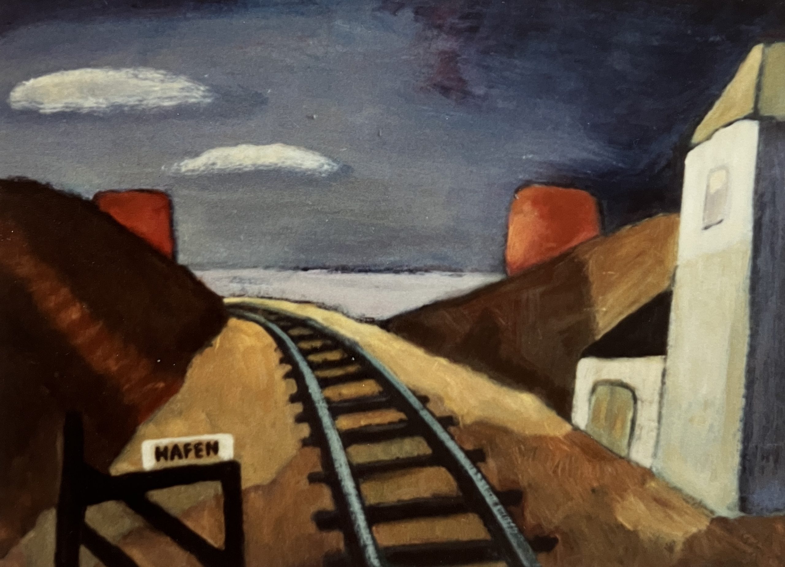 1990, Hafenbahnhof (teilw. übermalt) , Öl auf Hartfaserplatte, 61 x 82,5 cm.