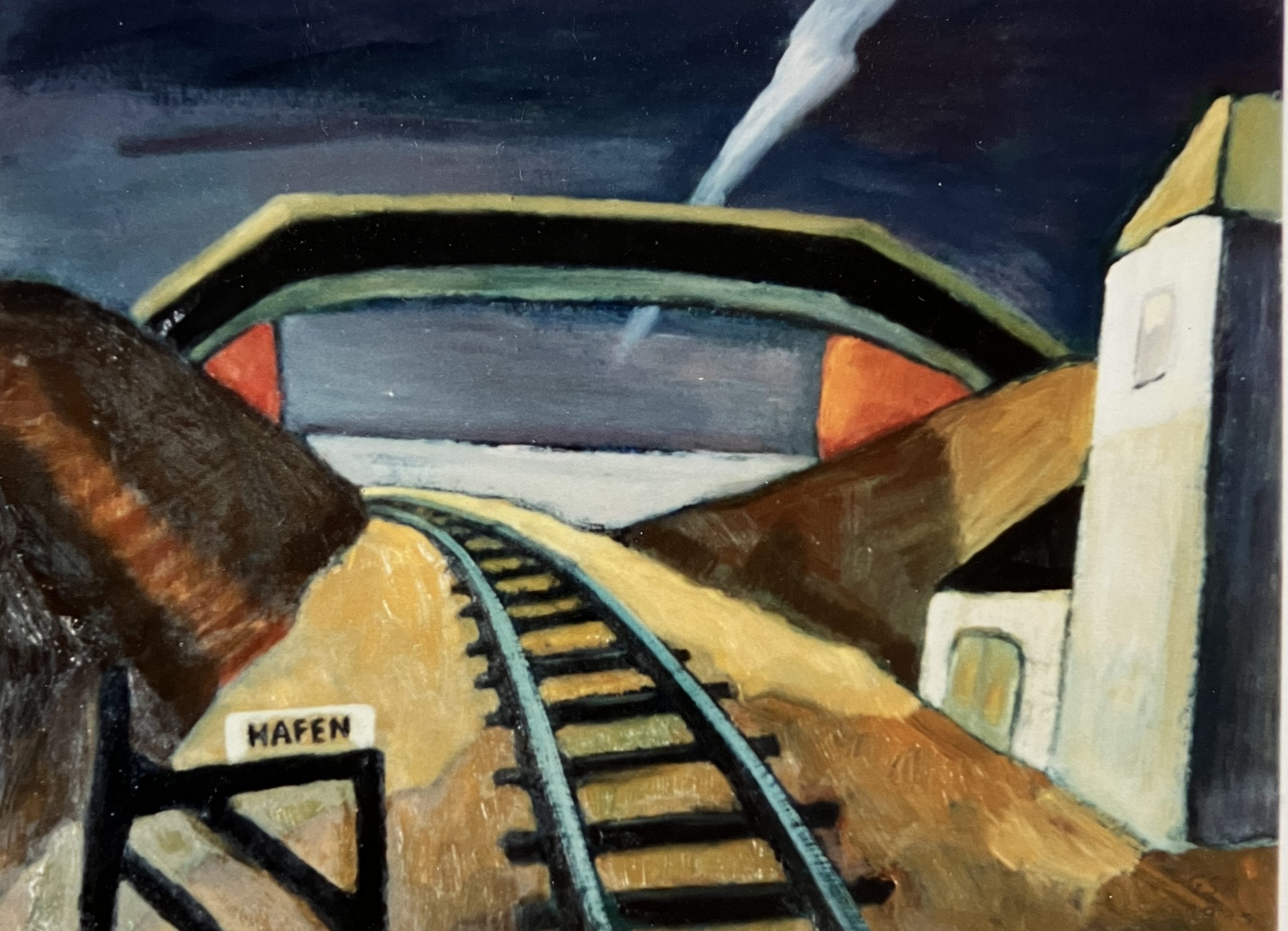 1990, Hafenbahnhof , Öl auf Hartfaserplatte, 61 x 82,5 cm.