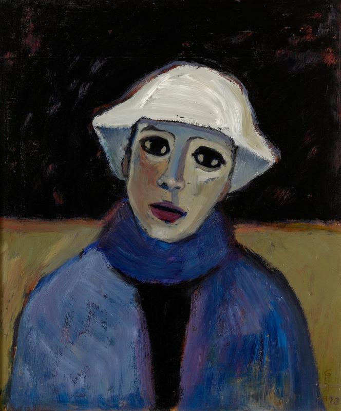 Junge Frau mit Hut II, 1990, Öl auf Hartfaserplatte, 59,3 x 49,5 cm.