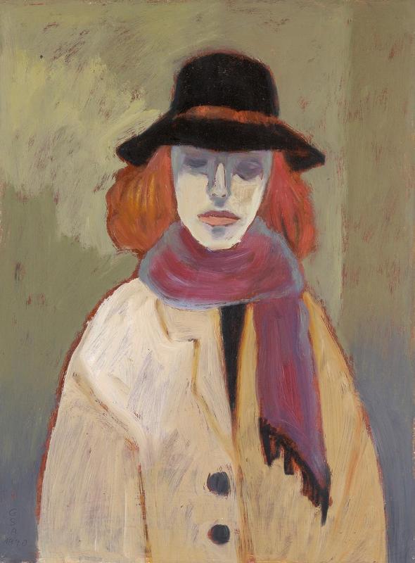 Junge Frau mit Hut I, 1990, Öl auf Hartfaserplatte, 65,5 x 50 cm.
