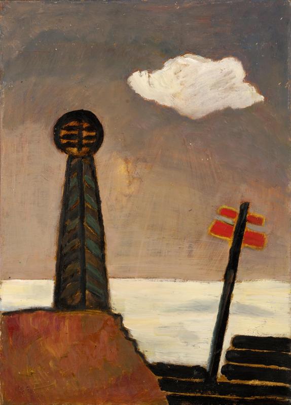 Kugelbake, 1990, Öl auf Hartfaserplatte, 90 x 64 cm.