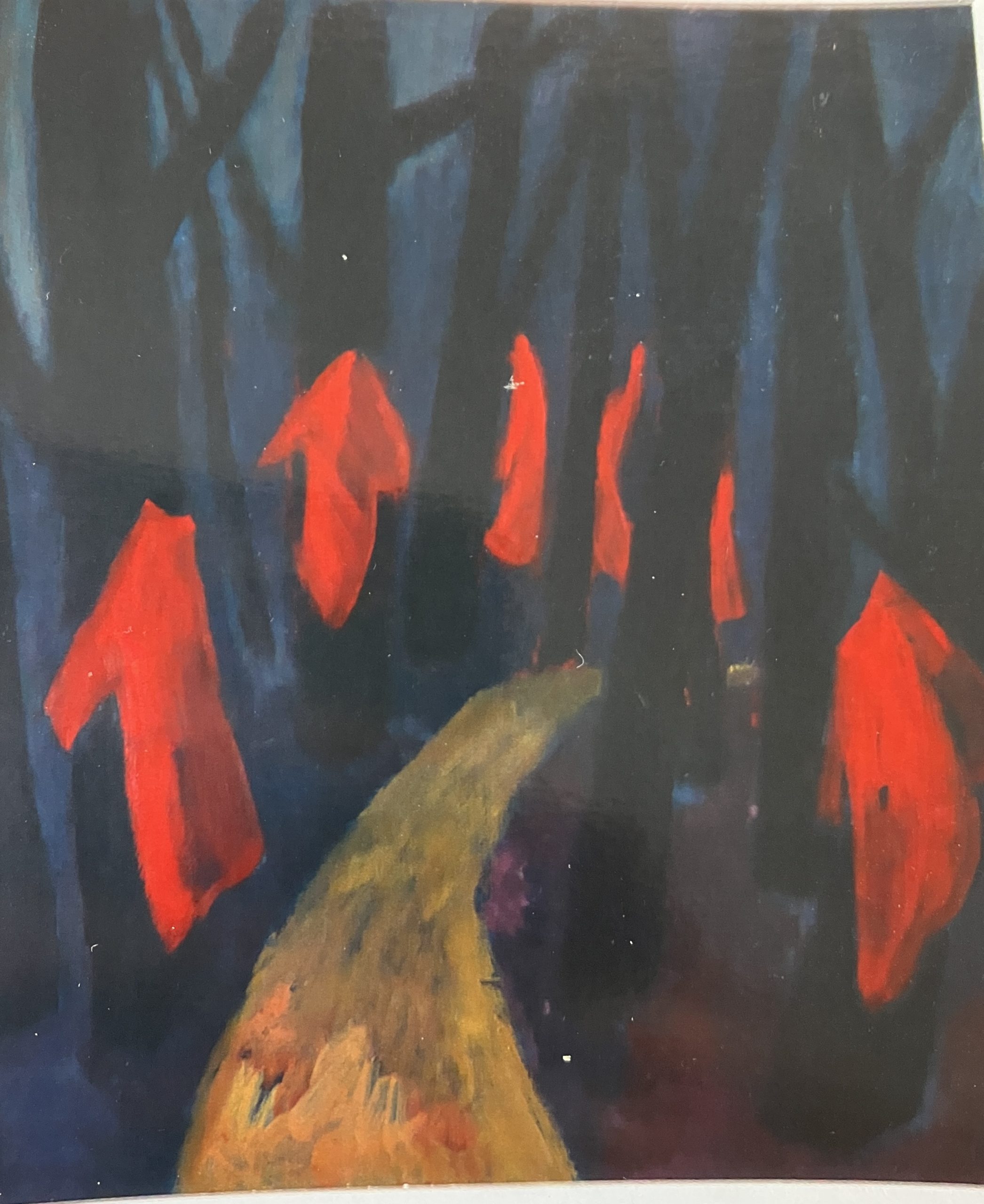 Rote Mäntel (1. F.), 1990, Öl auf Hartfaserplatte, 70 x 60 cm.