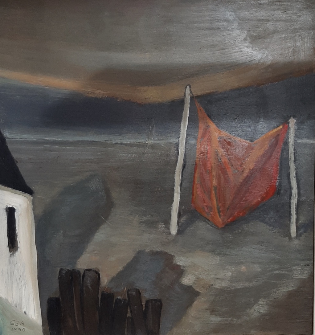 Rotes Laken, 1990, Öl auf Hartfaserplatte, 73,5 x 69 cm.