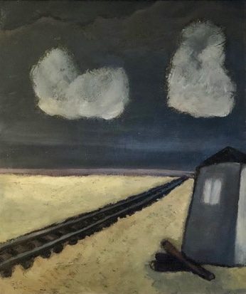 Schienen am Strand (1. F.), 1990, Öl auf Hartfaserplatte, 67,7 x 50 cm.