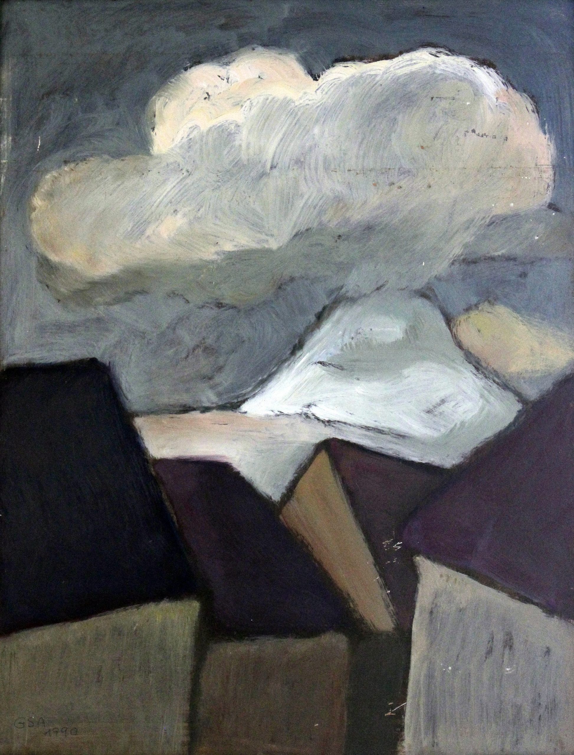 Schneewolke über Achalm, 1990, Öl auf Hartfaserplatte, 65 x 50 cm.