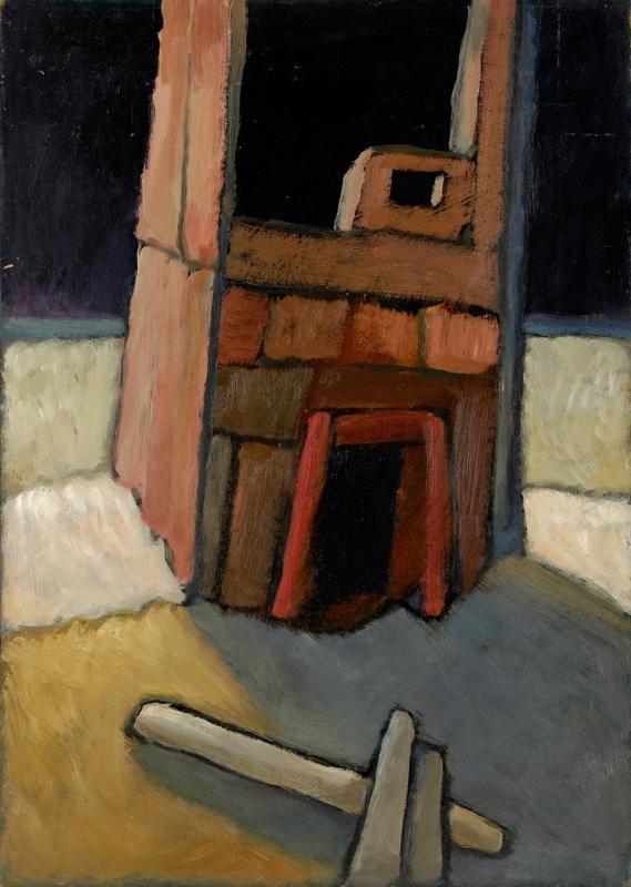Strandburg, 1990, Öl auf Hartfaserplatte, 90,3 x 64,3 cm.
