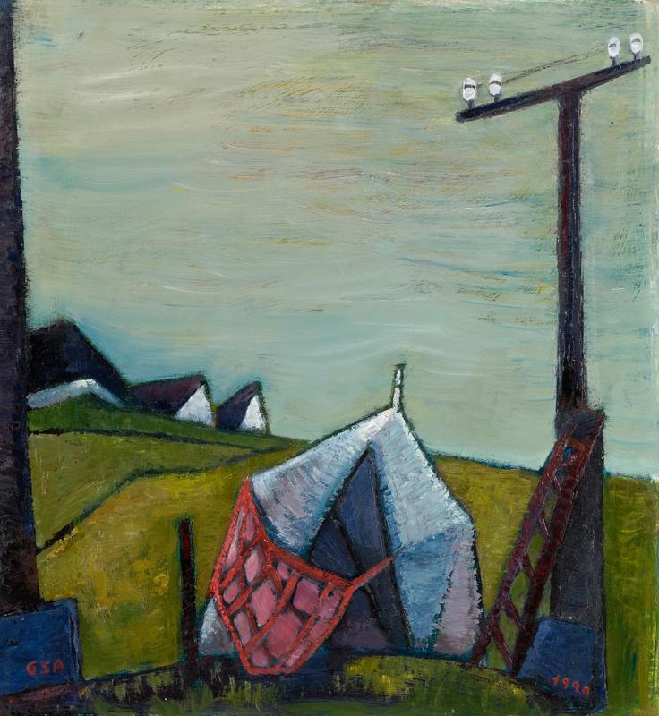 Zelt, 1990, Öl auf Hartfaserplatte, 68,5 x 63 cm.
