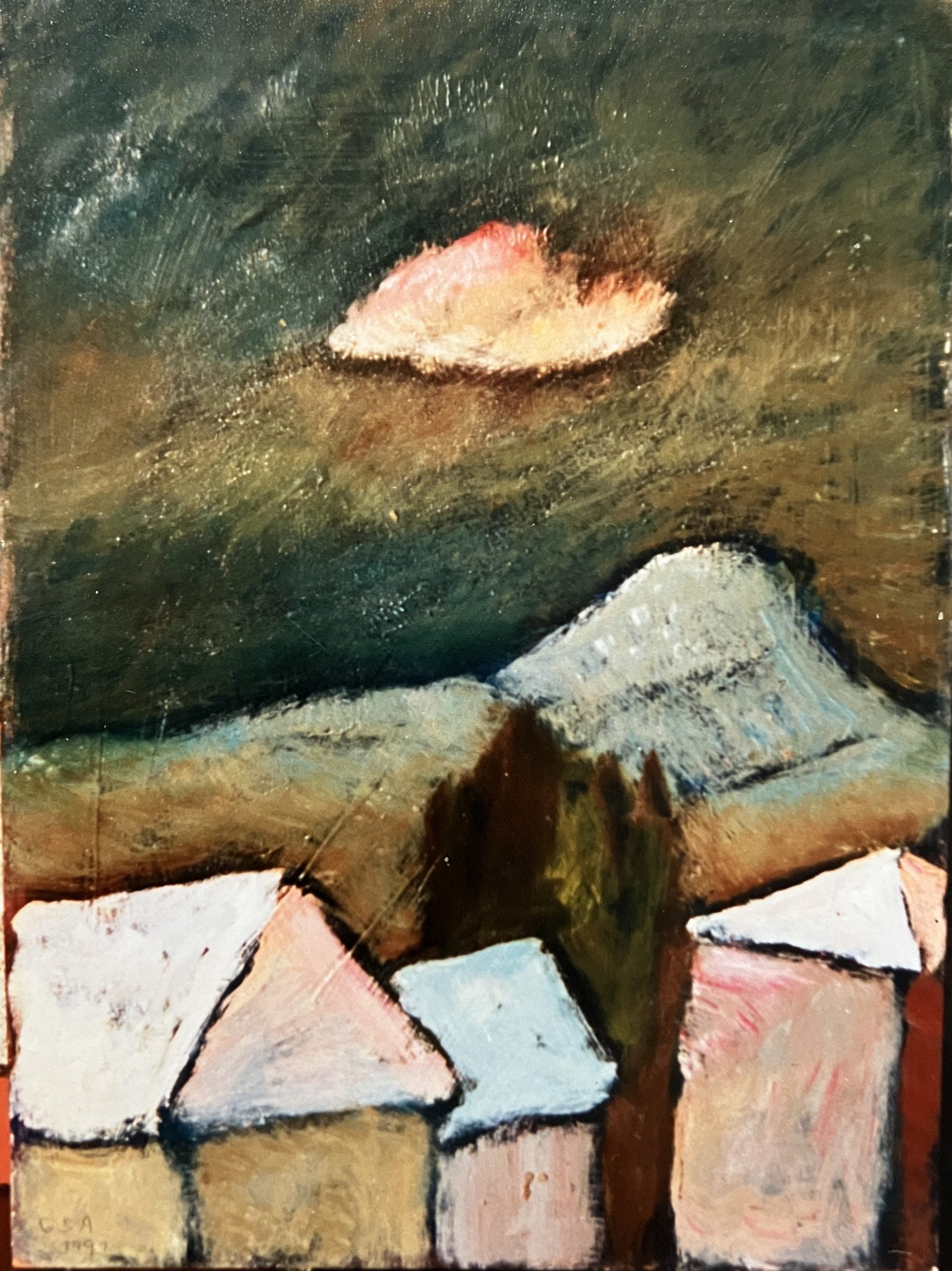 Achalm im Schnee, 1991, Öl auf Hartfaserplatte, 70 x 50 cm.