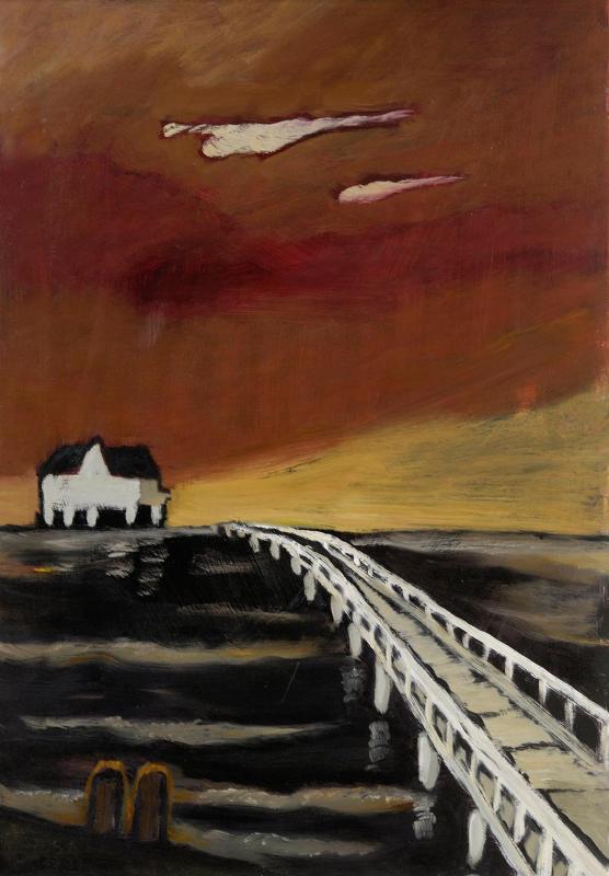 Brücke zur Sandbank, 1991, Öl auf Hartfaserplatte, 77 x 54,3 cm.