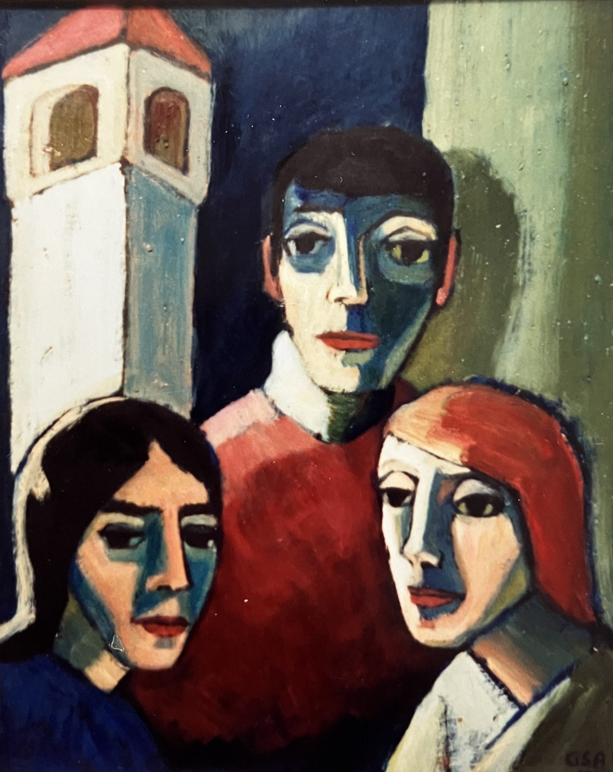 Drei Menschen II, 1991, Öl auf Hartfaserplatte, 85 x 64 cm.