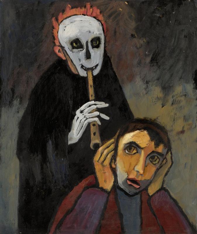 Flötenspieler, 1991, Öl auf Hartfaserplatte, 88,7 x 74, cm.