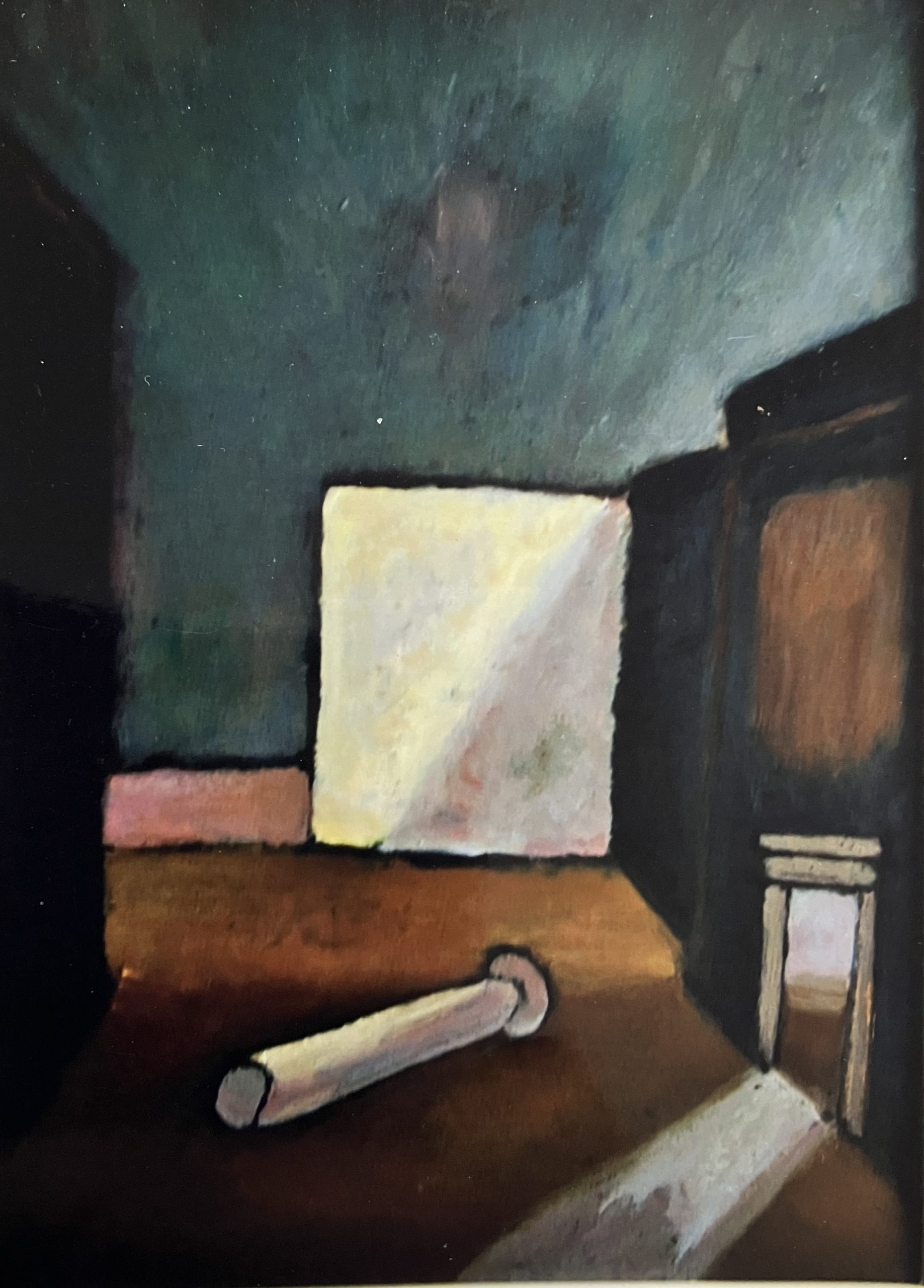 Gestürzte Säule (2. F.), 1991, Öl auf Hartfaserplatte, 75,5 x 54,4 cm.