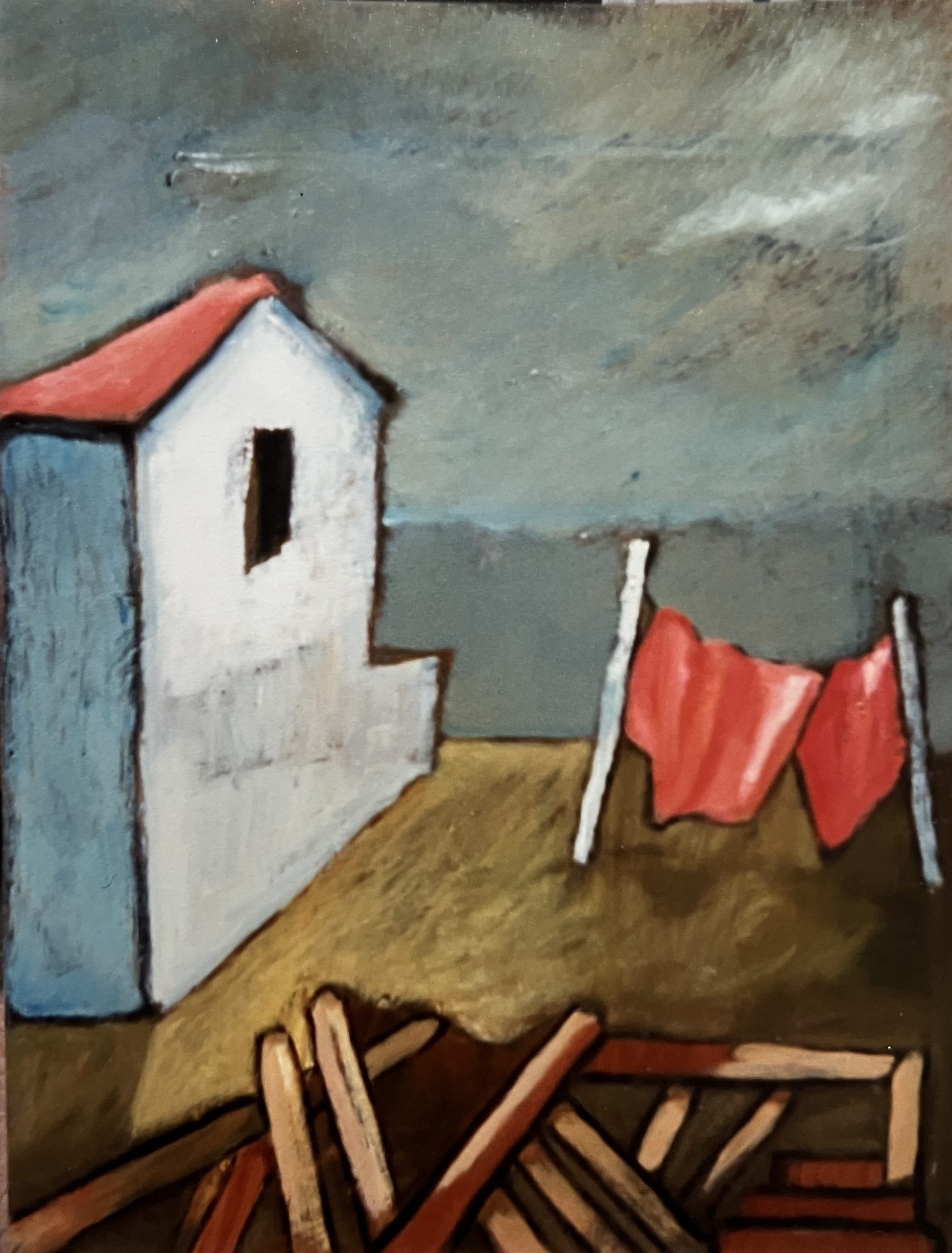 Haus am Meer (1. F.), 1991, Öl auf Hartfaserplatte, 78 x 58,5 cm.