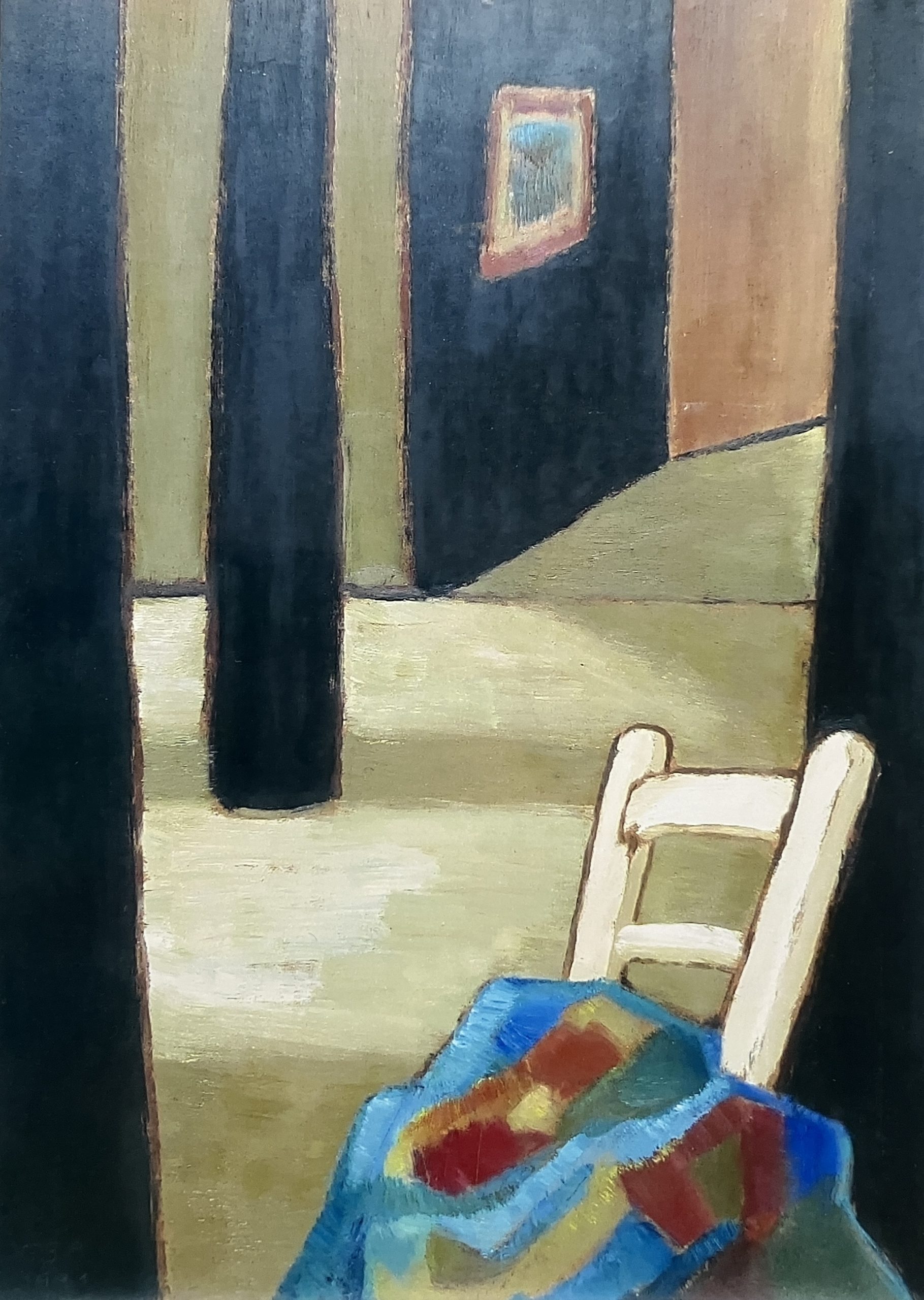 Hinter den Kulissen (2. F.), 1991, Öl auf Hartfaserplatte, 77 x 54 cm.