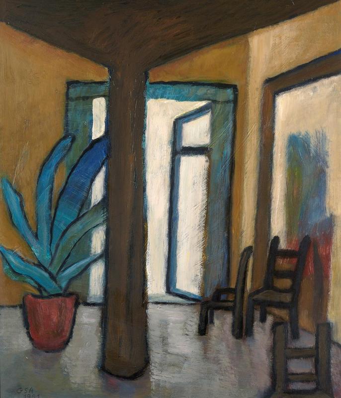 Hotelhalle, 1991, Öl auf Hartfaserplatte, 89 x 74 cm.