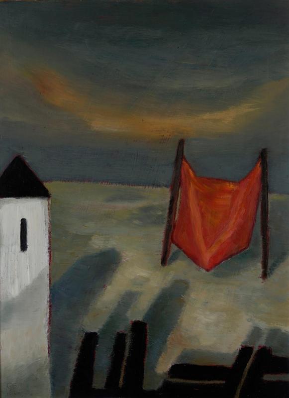 Rotes Laken II, 1991, Öl auf Hartfaserplatte, 80,3 x 59,7 cm.