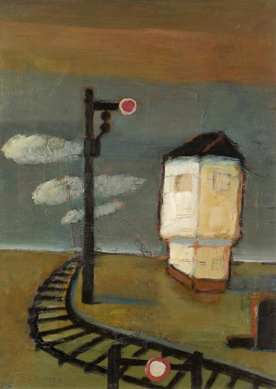 Stellwerk, 1991, Öl auf Hartfaserplatte, 69,8 x 50 cm.