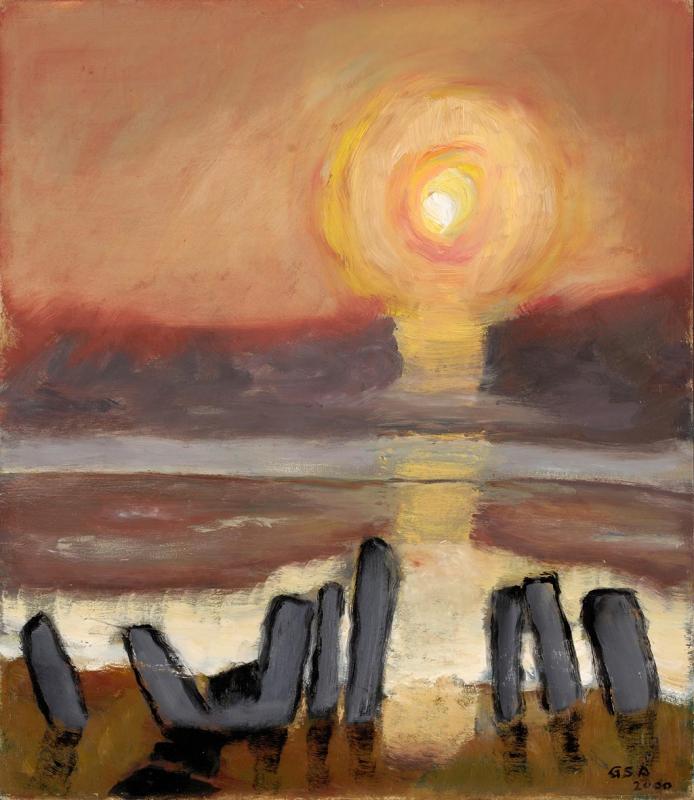 Strand am Abend, 1991, Öl auf Hartfaserplatte, 70,5 x 61 cm.