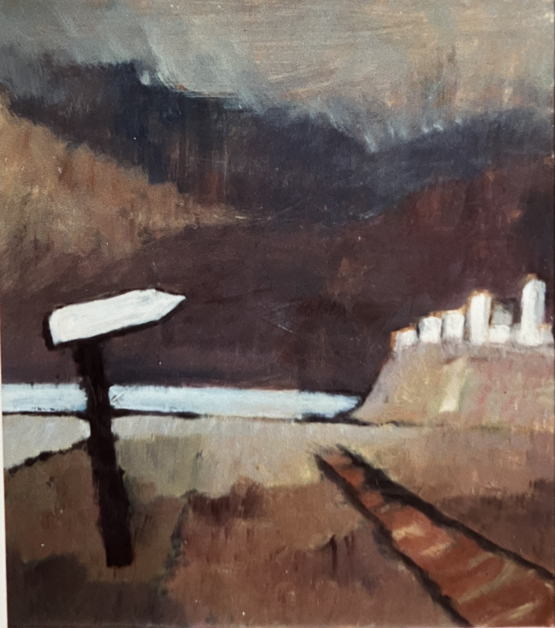 Wegweiser, 1991, Öl auf Hartfaserplatte, 70 x 61 cm.