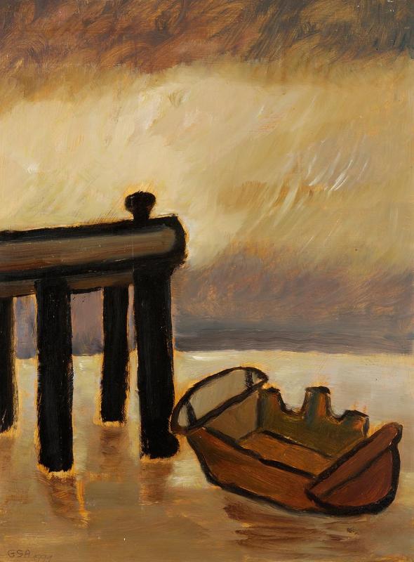 Wrack an der Brücke, 1991, Öl auf Hartfaserplatte, 80 x 60 cm.