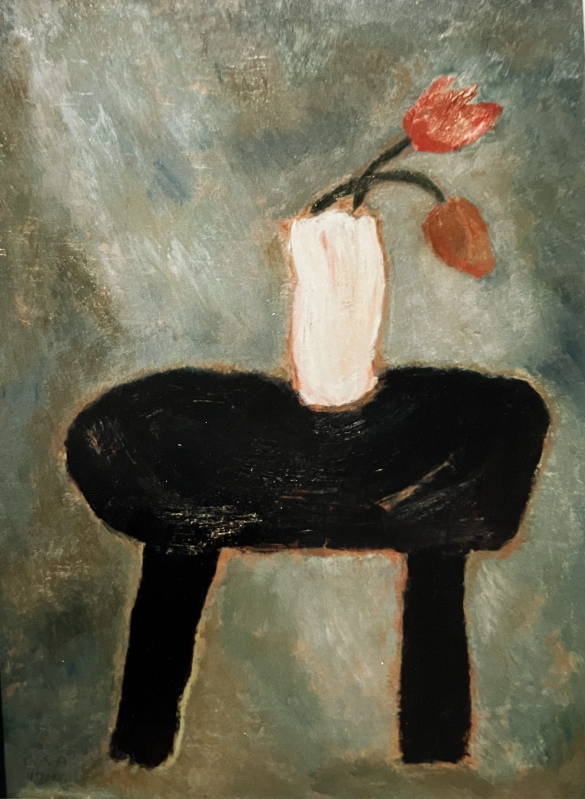 Blumentisch, 1992, Öl auf Hartfaserplatte, 77,7 x 58,3 cm.