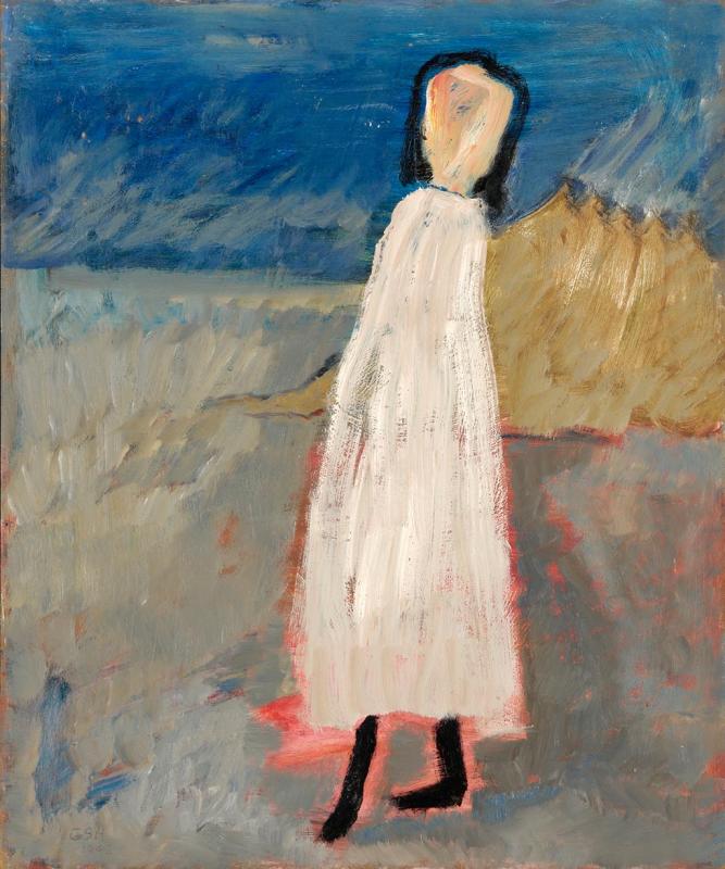 Figur am Strand, 1992, Öl auf Hartfaserplatte, 90 x 75 cm.