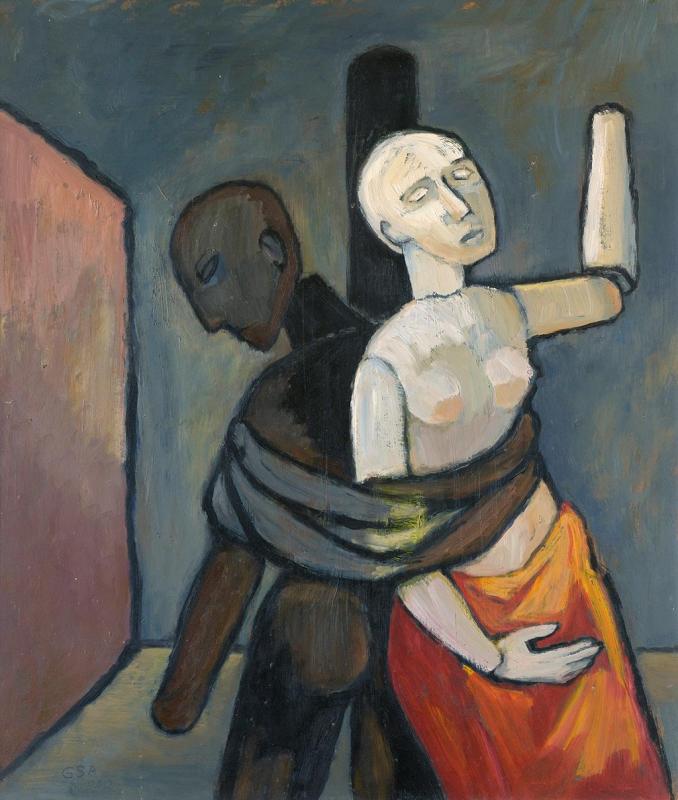 Gefesselte, 1992, Öl auf Hartfaserplatte, 90 x 75 cm.