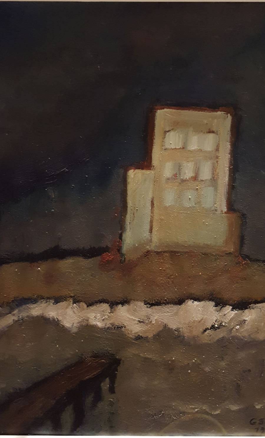 Hochhaus am Strand, 1992, Öl auf Hartfaserplatte, 70 x 50 cm.