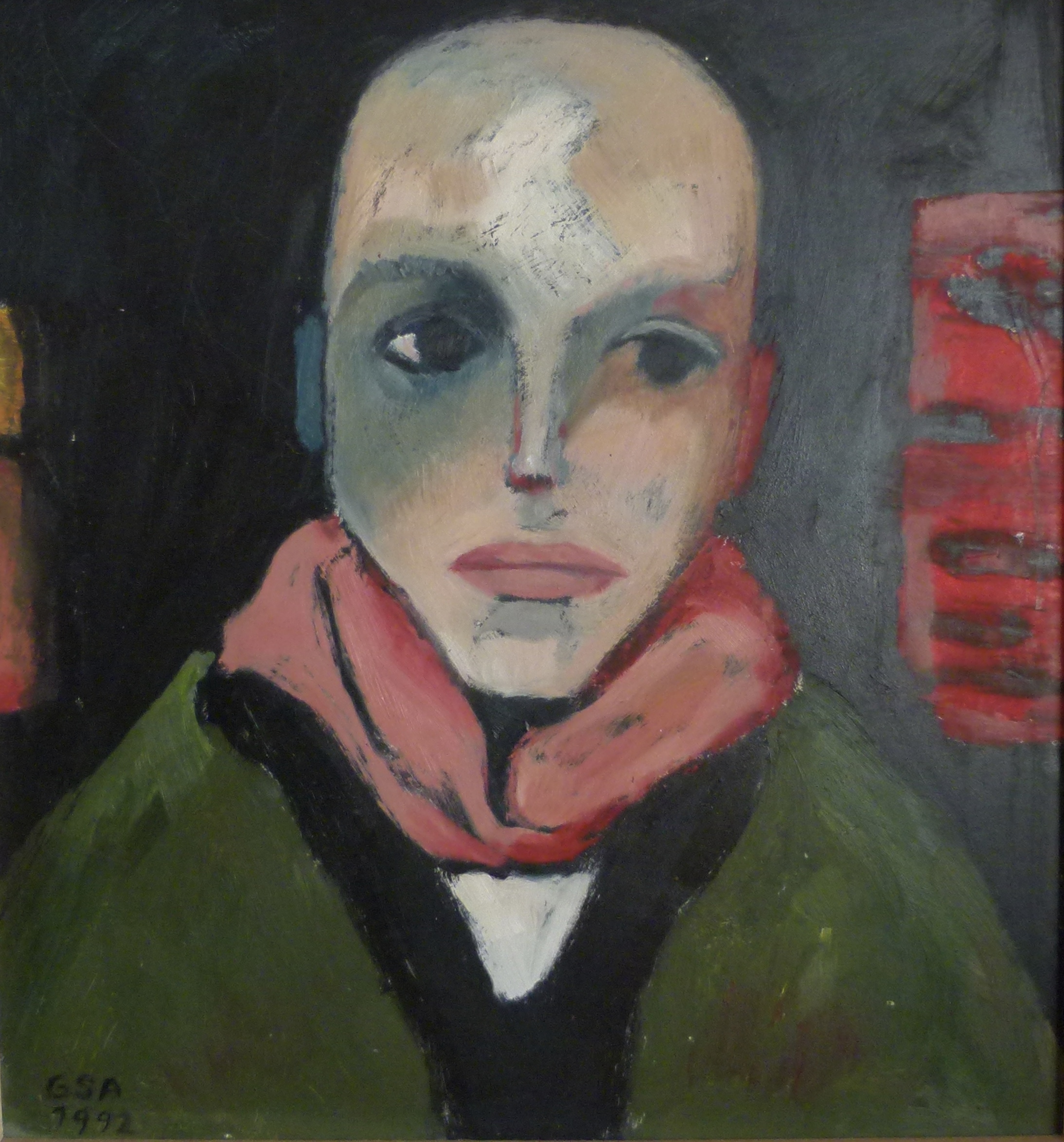 Junger Mann mit rotem Schal, 1992, Öl auf Hartfaserplatte, 45 x 42 cm.