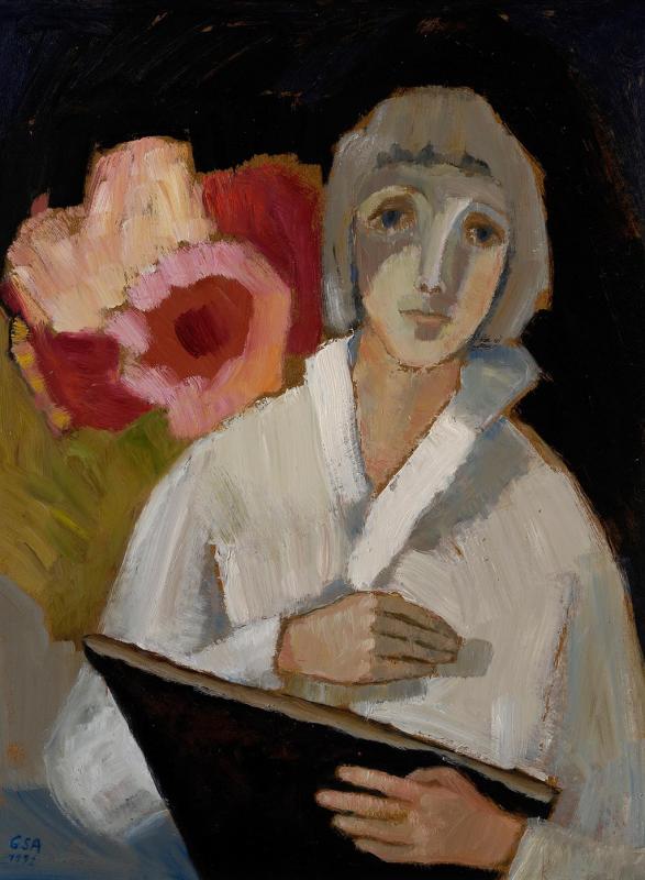 Mit Blüten, 1992, Öl auf Hartfaserplatte, 79,5 x 60 cm.